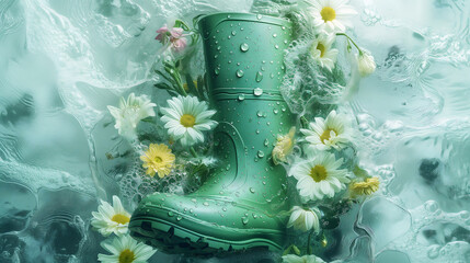 Rubber Boots Filled With Flowers - obrazy, fototapety, plakaty