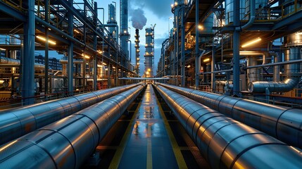 Wide-angle photo of the hydrogen power plant tank industry with a view of steel pipes and large tanks.