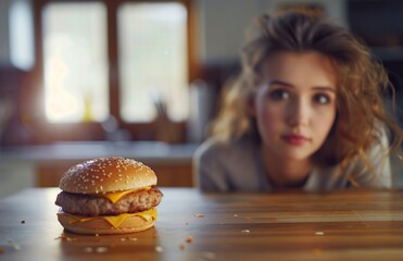 overweight woman sitting at the kitchen table with her head resting on it, looking sad and disappointed as she looks at a hamburger.