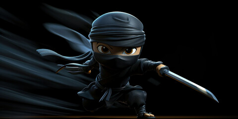 Mysterious Ninja Warrior Running with Sword in Hand on Dark Smoky Background
