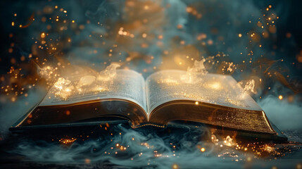 an open book, a beautiful, breathtaking fantasy world emerges from the pages.