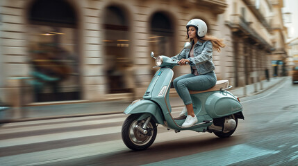 A youthful woman joyfully rides a scooter while wearing a helmet, amid a city street backdrop surrounded by buildings, evoking a sense of travel enjoyment and vacation vibes.