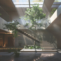 A staircase with a glass balustrade overlooking a sunlit courtyard