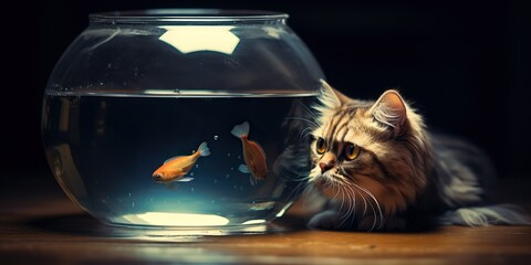 Cat with a fishbowl for head with live fish swimming , concept of Bizarre animal