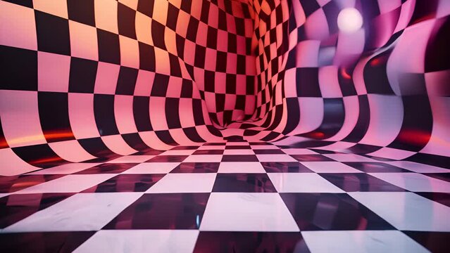 A checkered floor with a red and orange background. The checkered pattern is very bold and the colors are very bright