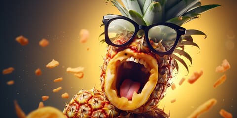 Funny pineapple eating pizza, concept of Comedic fruit consumption