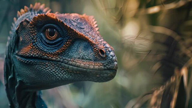 Closeup of a detailed Utahraptor dinosaur model, showcasing intricate textures and a sharp gaze, evoking themes of innovation and pioneering spirit