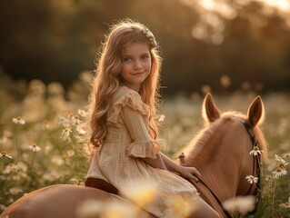 A young girl is sitting on a horse in a field of flowers. The girl is wearing a dress and has a flower in her hair. The scene is peaceful and serene, with the girl - obrazy, fototapety, plakaty