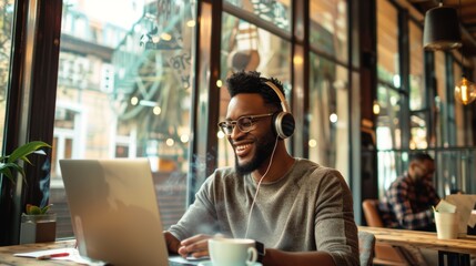 Obraz premium Remote job, laptop at café, headphones, freelancer, copywriter, content, SEO. Type on PC in coffee shop, copywrite with music and study.
