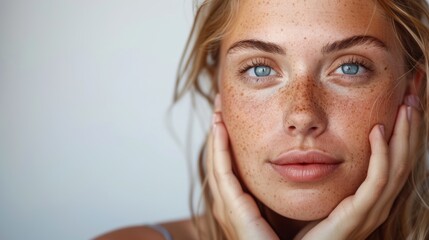 Beauty, portrait, or lady touch soft collagen skin, check skincare or cosmetic routine. Studio, anti aging face or relax person with self love, hydration or makeup on purple background