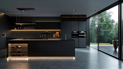 minimalist kitchen with concealed appliances, featuring a silver faucet and black countertop, set a