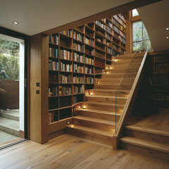 A staircase with a hidden library behind a sliding bookcase