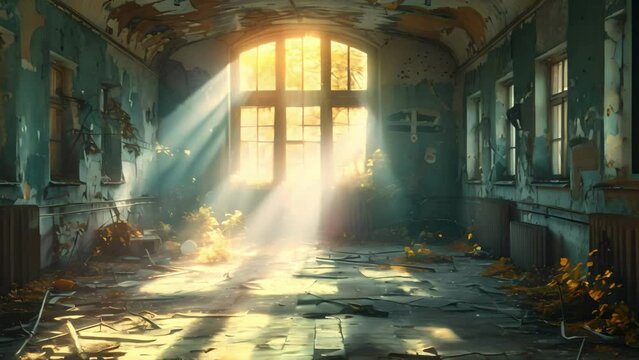 Sunlight streaming into a cluttered hospital hallway filled with old items. Concept Hospital hallway, Sunlight, Cluttered, Old Items, Atmospheric