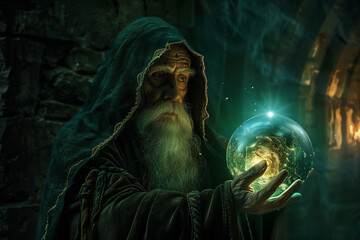 A wizard holding a glowing orb in a dimly lit room, the orb illuminating their face with a sense of ancient knowledge and power.