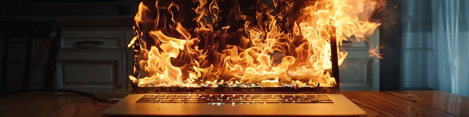 Unrelenting task demands set a laptop ablaze, a fiery testament to non-stop digital labor - obrazy, fototapety, plakaty