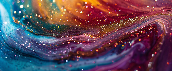 Swirling glitters sparkle amidst a canvas painted with a kaleidoscope of vivid colors. - obrazy, fototapety, plakaty