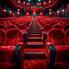 3D illustration of rows of red velvet seats in a cinema, empty and arranged neatly, with a wide banner space for text, entertainment concept.
