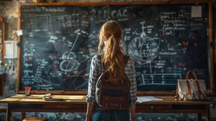 3D girl solving math problems on a digital blackboard, classroom setting, ideal for math tutoring services