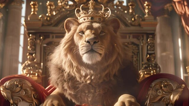 A lion is sitting on a throne with a crown on its head. The lion is looking at the camera with a fierce expression. Concept of power and authority, as the lion is depicted as a king or ruler