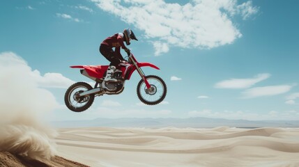 Motorcycle, sky, and jump with a desert man seeking adrenaline. Bike, speed, and sand training with an athlete in nature for freedom or competitiveness.