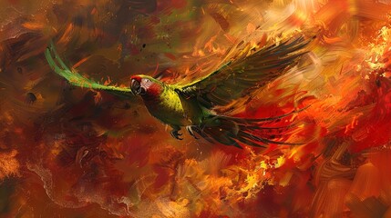Emergence of Vibrance: Parrot's Flight Through Flame. - obrazy, fototapety, plakaty
