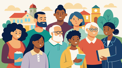 A diverse group of community members gathers at the town hall to participate in an oral history project ensuring that voices from different. Vector illustration