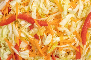 Cabbage salad with carrots and pepper. Food background.