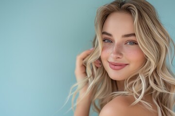 Fototapeta premium Portrait, cheerful woman, wind-blown curls, studio background, beauty salon shine, keratin growth, radiance. Model's face, blonde haircare, or attractive breeze waves
