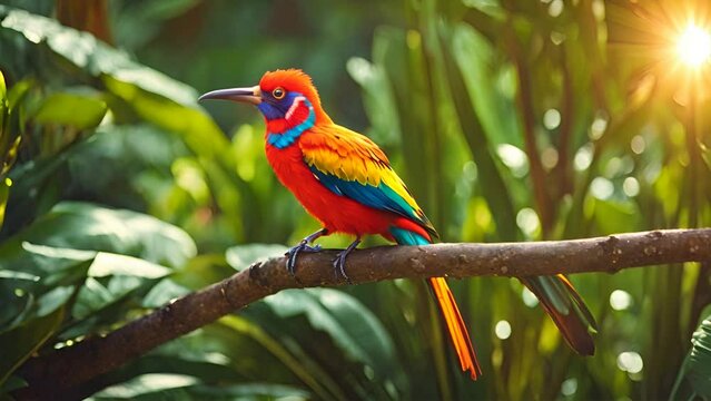 Bright Exotic Bird in a Tropical Garden: Basking in Sunlight. AI