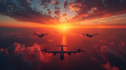 Drones flying over the sunset