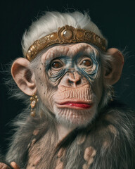 Elderly monkey with golden headband holding fruit in hand, closeup portrait of wise animal