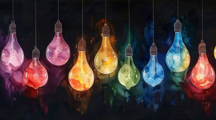 Watercolor colorful glowing hanging light bulbs on black background