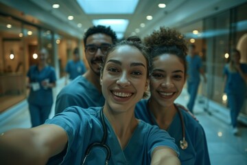Naklejka premium Teamwork, selfie and medical staff with memory, hospital and social media with collaboration. Healthcare professionals, doctors, and groups with connection, medicine, career, and happiness and memory