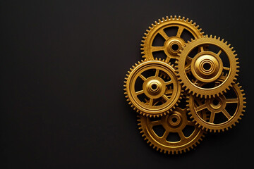 The gold gears isolated in black background. Concept of precision and engineering.