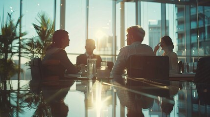 business executives engage in a strategic discussion in a modern office environment, illuminated by the warm glow of sunset