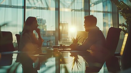 business executives engage in a strategic discussion in a modern office environment, illuminated by the warm glow of sunset - obrazy, fototapety, plakaty