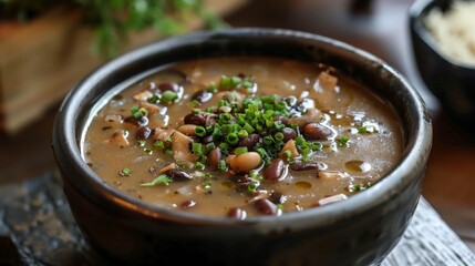 A bowl of soup filled with beans and sliced green onions