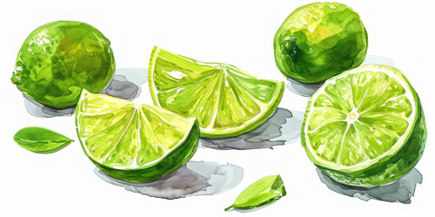 Vibrant watercolor illustration of fresh limes with green leaves on white background for food and beverage concept