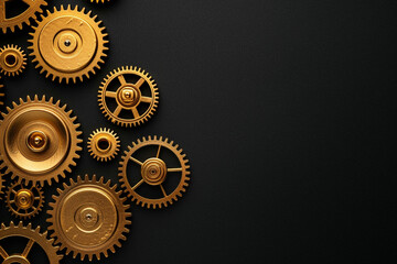 The gold gears isolated in black background. Concept of precision and engineering.