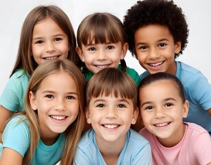 Group of smiling children looking at camera over white background. Top view.