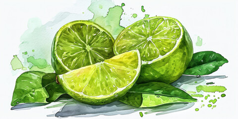 Fresh and Vibrant Watercolor Painting of Two Limes with Green Leaves Stacked on Top of Each Other