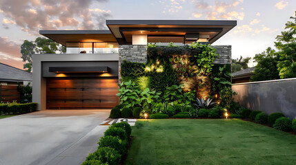modern front yard with ornamental vertical garden featuring a green tree, white building, and gray