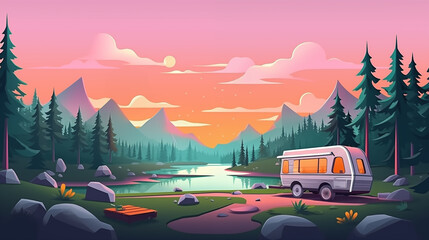 Camping concept. Illustration of a beautiful mountain landscape with a camper trailer parked by a lake. Flat modern illustration style. Perfect for banners, posters, websites, and more.