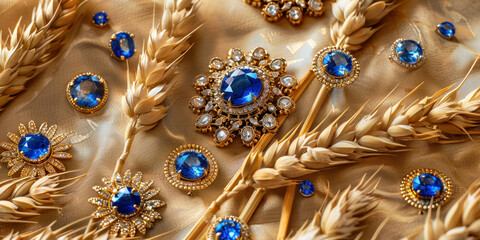 Naklejka premium Ripe golden ears of wheat with elegant blue stones and pearls on textured fabric surface