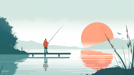 A man is fishing on a pier with a red sun in the background. Perfect for banners, posters, websites, and more. Flat modern illustration