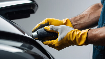 Set of car polish wax worker hands holing polishing tools isolated on white background. Buffing and polishing car concept. Man holds a polisher in the hand and polishes.