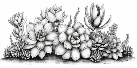 Peaceful Garden Scene with Succulents and Wildflowers in Black and White Pen Drawing