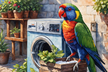 The parrot in the laundry room.
Generative AI - obrazy, fototapety, plakaty
