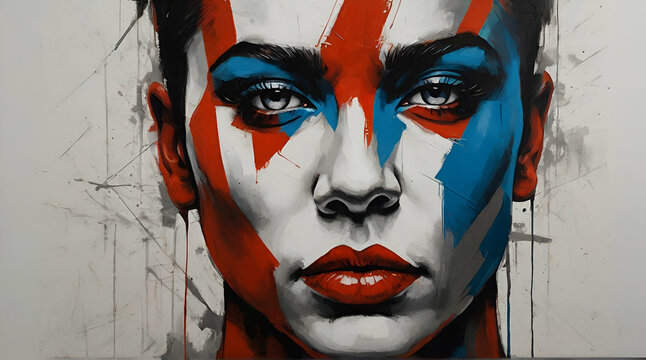 A striking and powerful face, painted with bold lines and contrasting colors, capturing the essence of strength and determination.