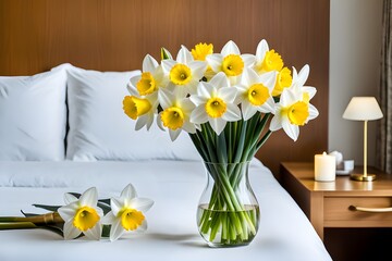 bouquet of yellow daffodils in a vase - obrazy, fototapety, plakaty
